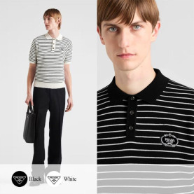 PRADA 프라다 로고 패치 스트라이프 카라 니트 반팔