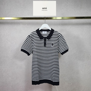 AMI 아미 스트라이프 버튼 카라 니트 하프 3COLOR